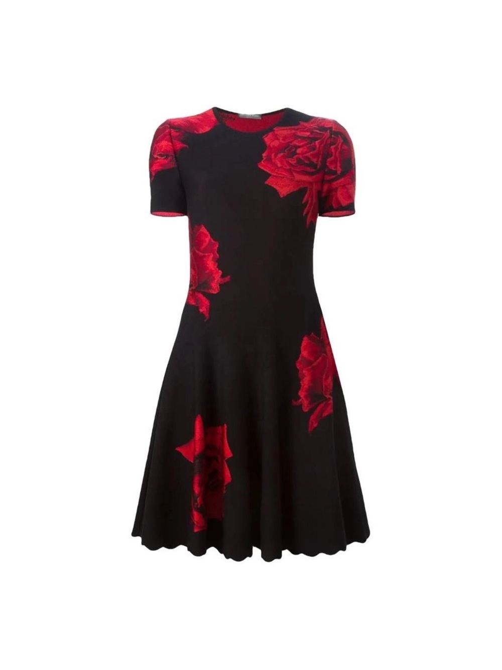 Alexander McQueen Black Fit-and-Flare Dress with Red Rose Motif